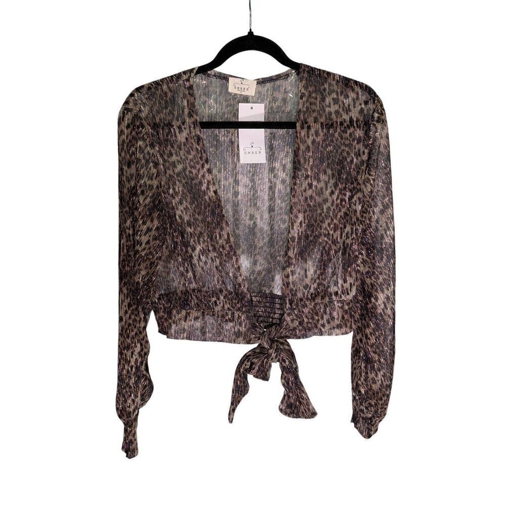 NWT Ember Sexy Cheetah Print Long Sleeve Sheer Women's Blouse Size Small